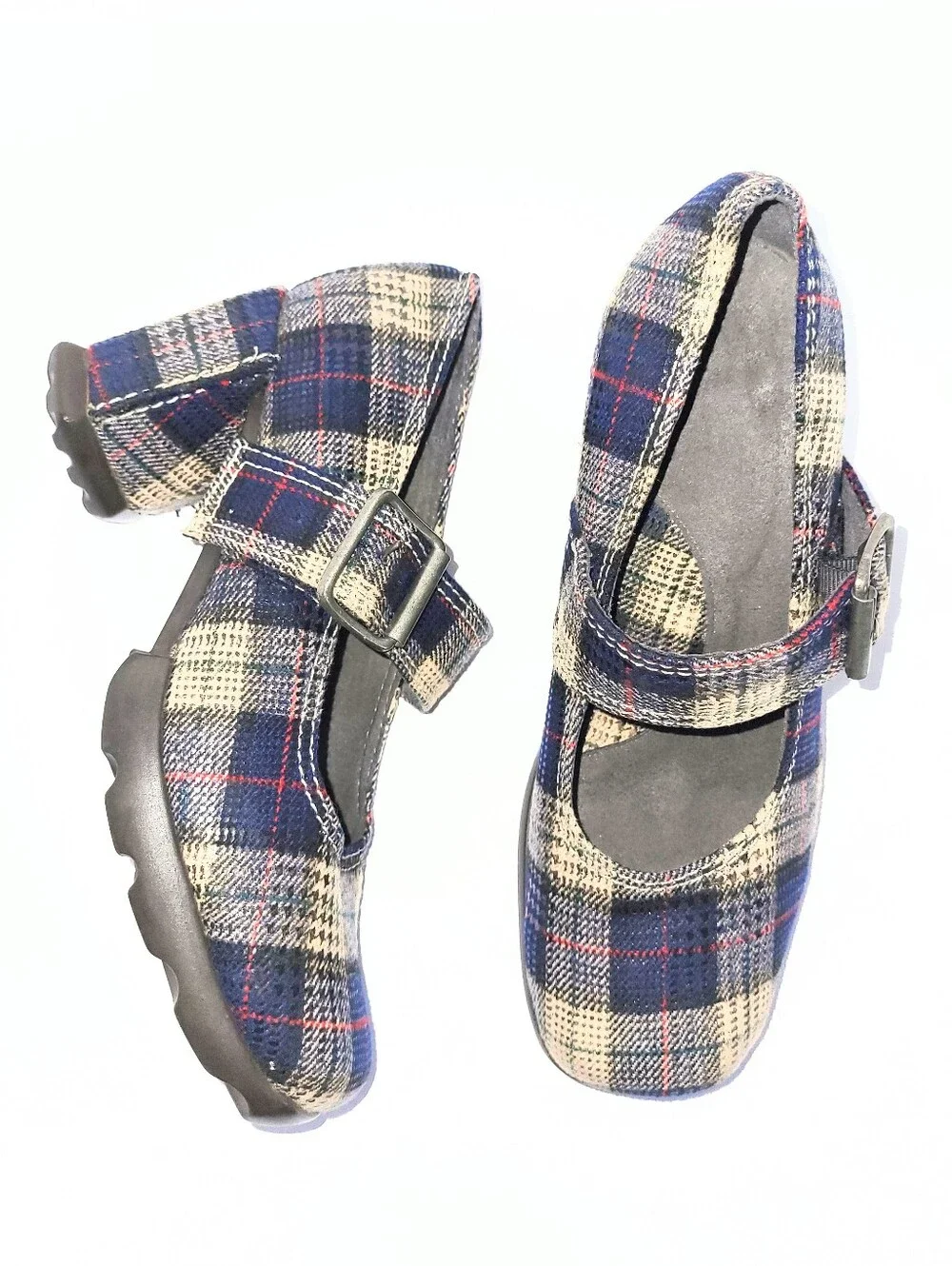 John Fluevog Benatar Blue Plaid Geometric Chunky Heel Mary Janes Size 7